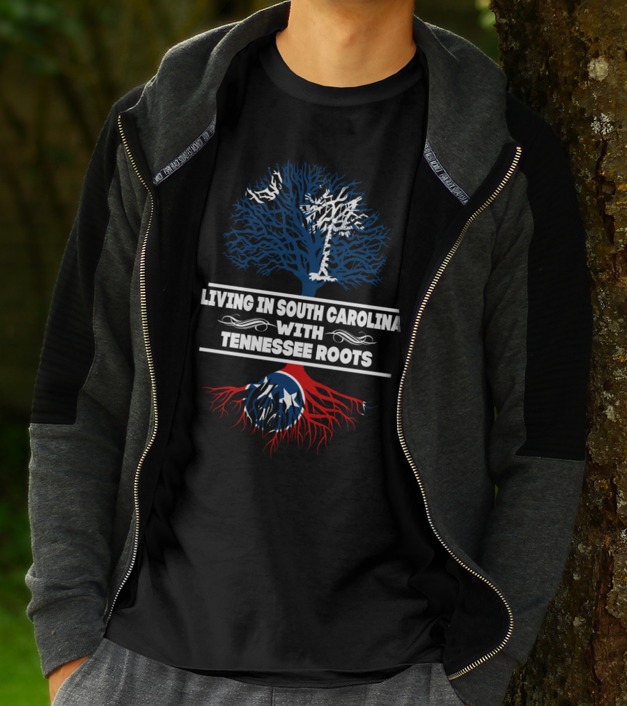 Living In South Carolina With Tennessee Roots Blue Tree Palmetto Red Roots Stars T-Shirt