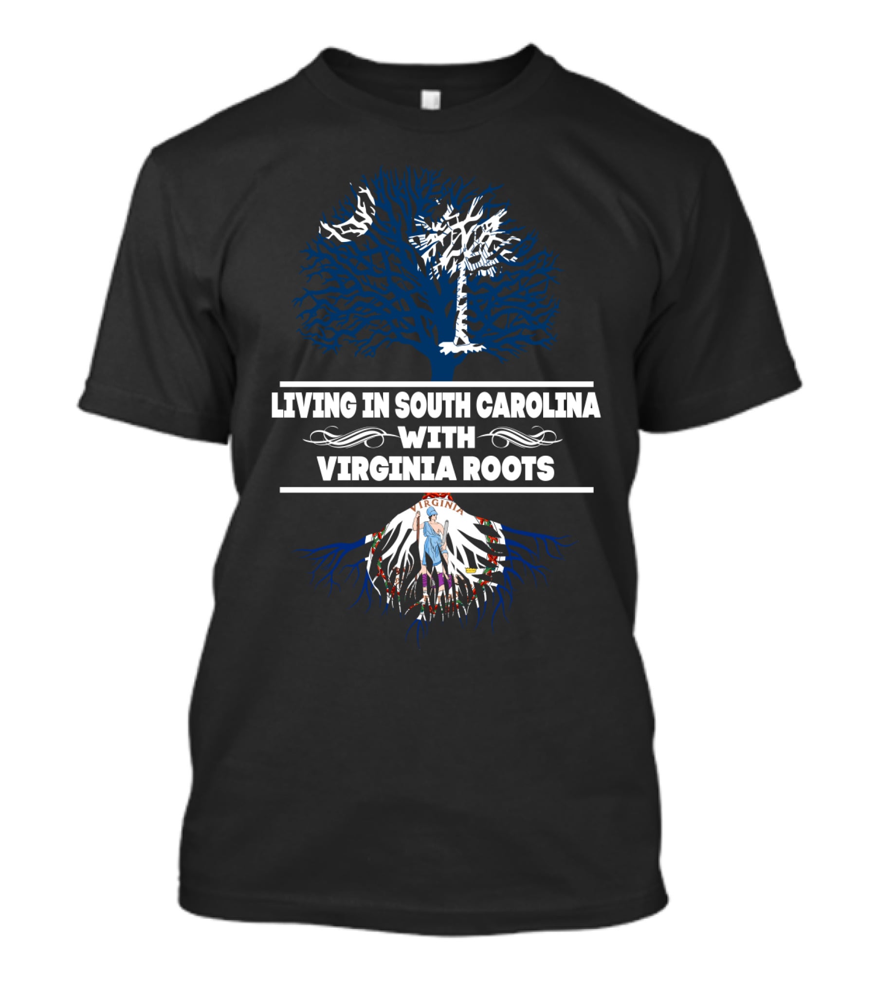 Living In South Carolina With VIRGINIA Roots Featuring Palm Tree And Blue Tree T-Shirt