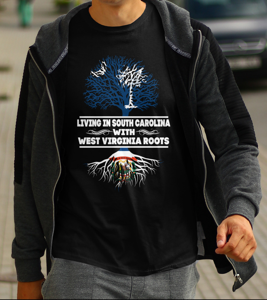 Living In South Carolina With West Virginia Roots Featuring Palmetto Tree And State Seal Symbolism T-Shirt