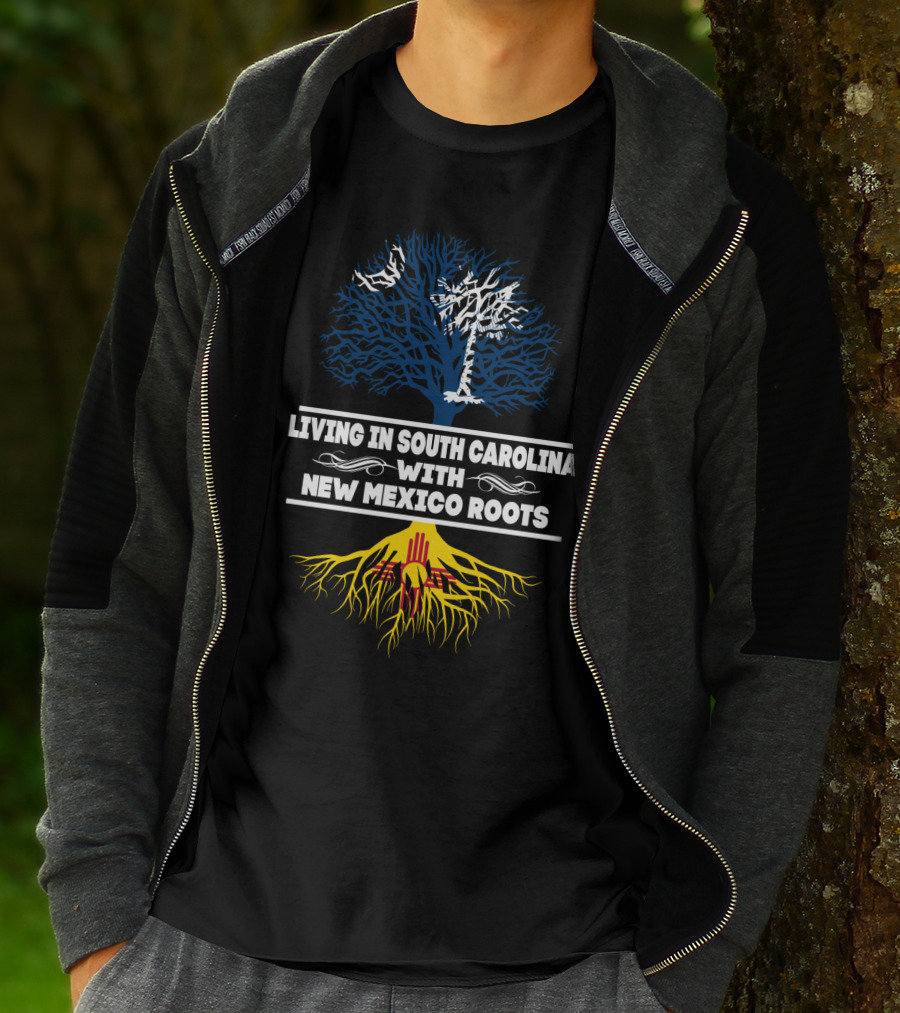 Living In South Carolina With New Mexico Roots Featuring Palmetto Tree And Zia T-Shirt