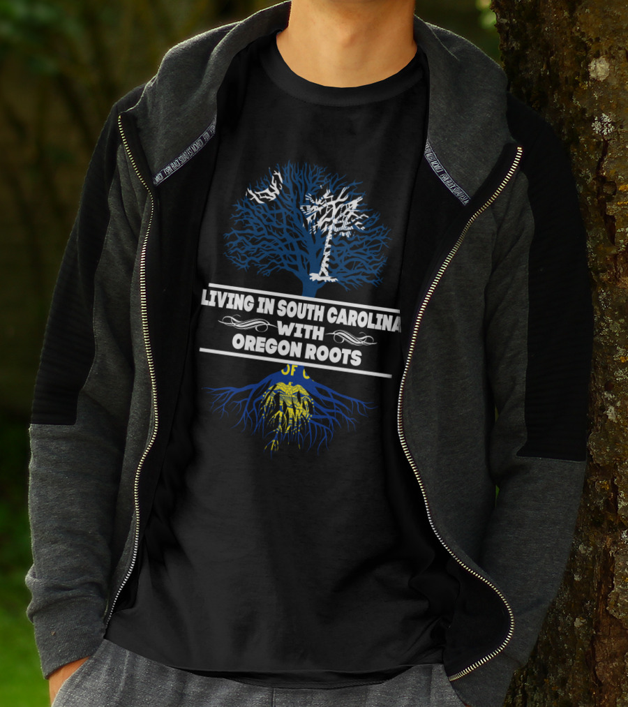 Living In South Carolina With Deep Oregon Roots Palmetto Tree And Blue Woodland T-Shirt