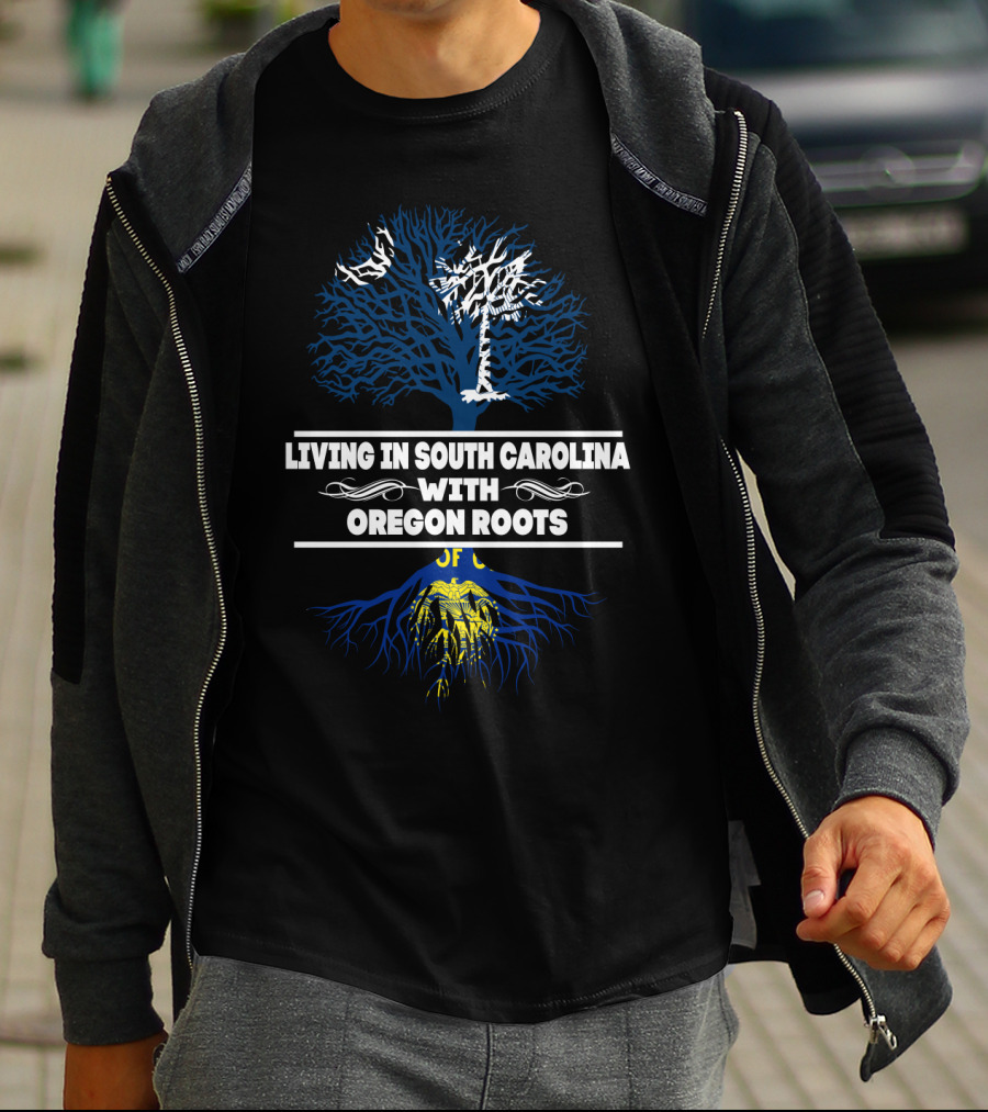 Living In South Carolina With Deep Oregon Roots Palmetto Tree And Blue Woodland T-Shirt