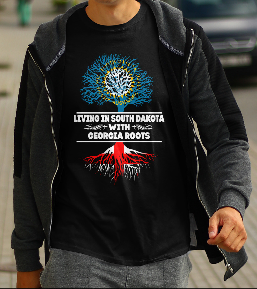 Living In South Dakota With Georgia Roots Tree Design Featuring State Flag And Roots T-Shirt