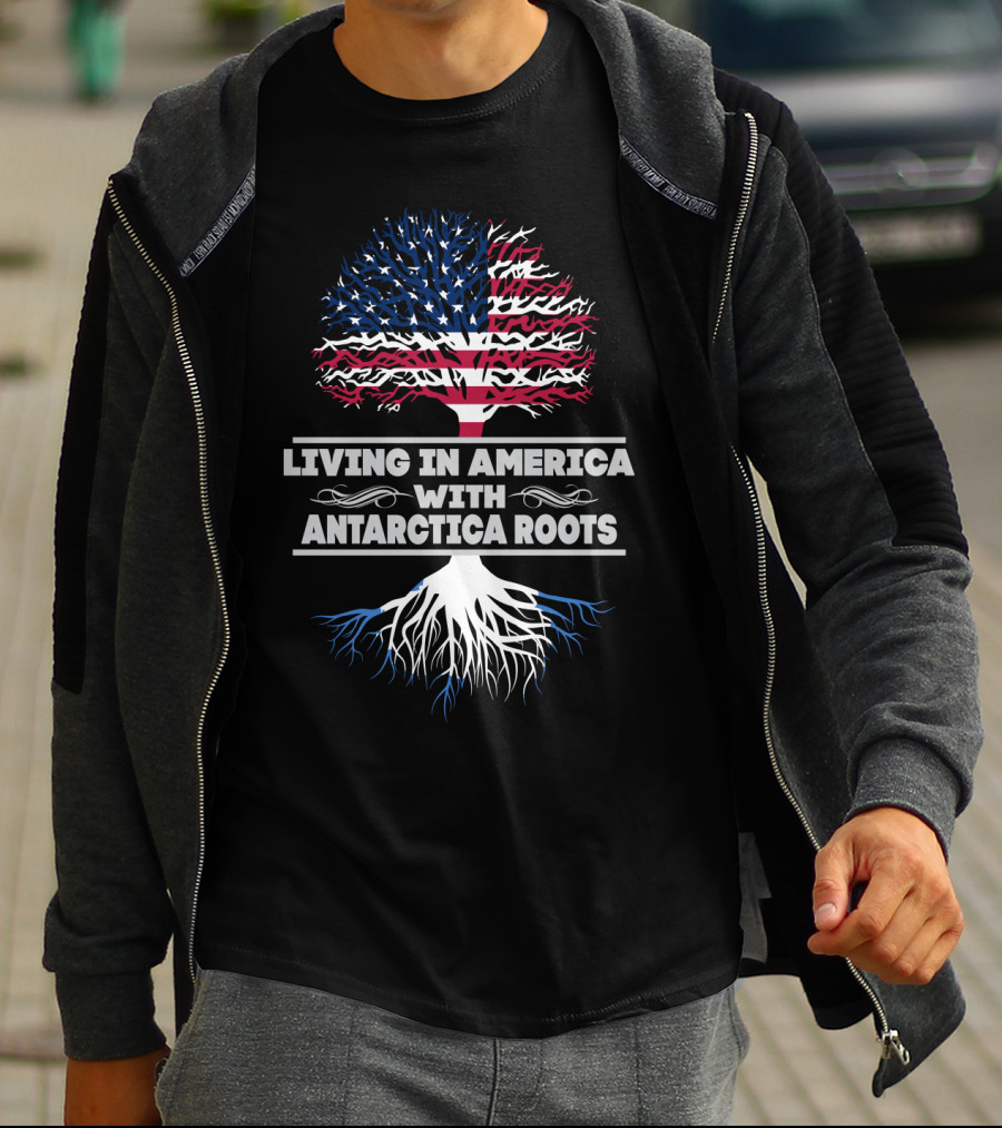 Living IN America With Antarctica Roots USA Flag Tree T-Shirt