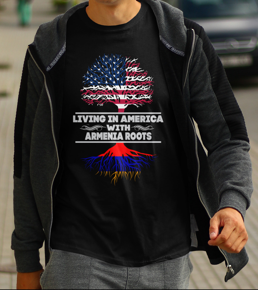 LIVING IN AMERICA WITH ARMENIA ROOTS American Flag Tree T-Shirt
