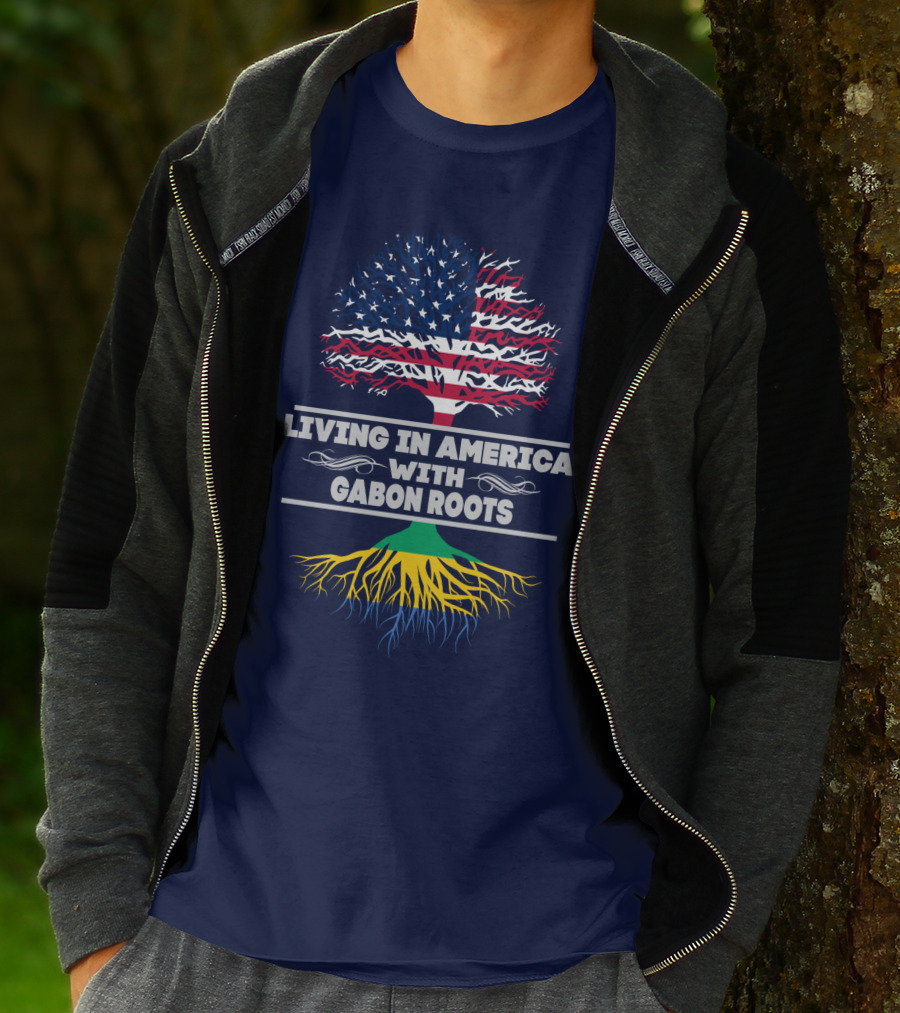 Living In America With Gabon Roots Tree Design Stars And Stripes Flag With Gabonese Colors T-Shirt