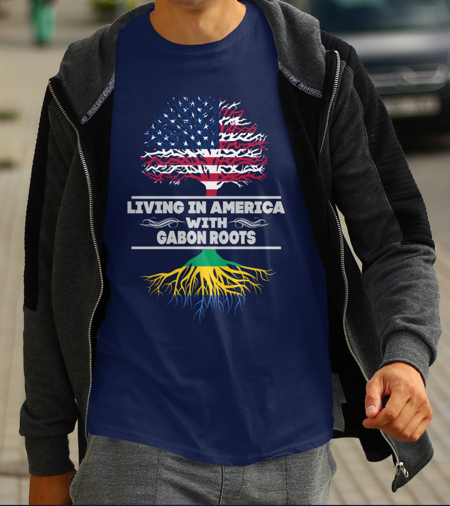 Living In America With Gabon Roots Tree Design Stars And Stripes Flag With Gabonese Colors T-Shirt