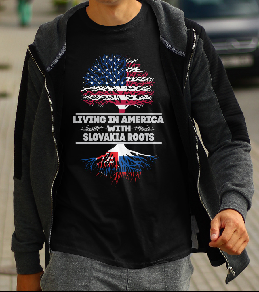 LIVING IN AMERICA WITH SLOVAKIA ROOTS American Flag Tree T-Shirt