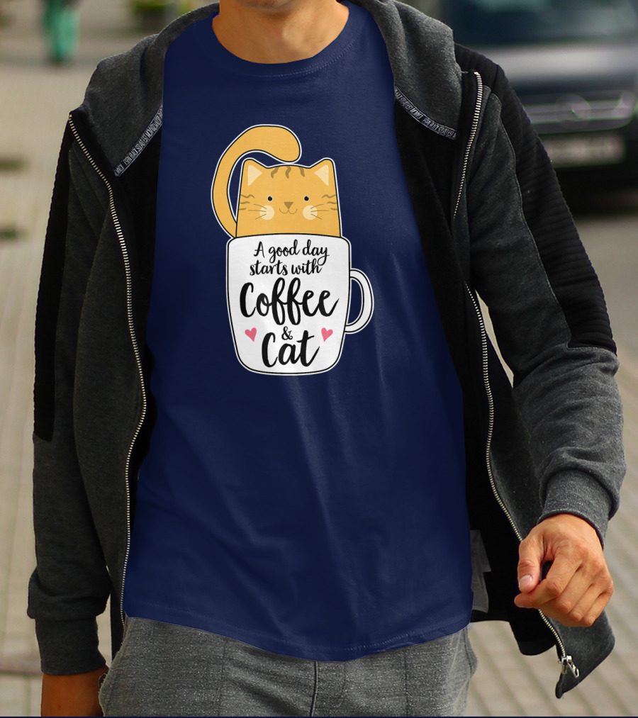 Funny Orange Cat A Good Day Starts With Coffee And Cat T-Shirt