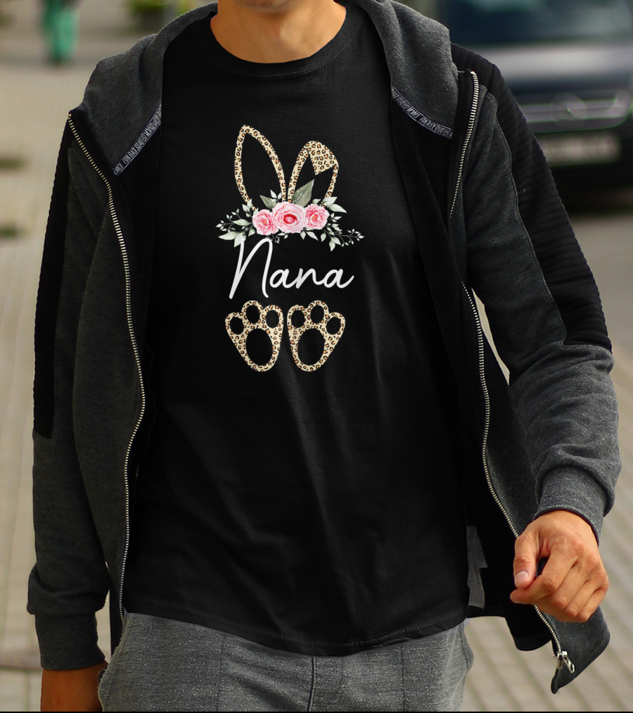 Nana Easter Bunny With Leopard Print Ears And Floral Accents T-Shirt