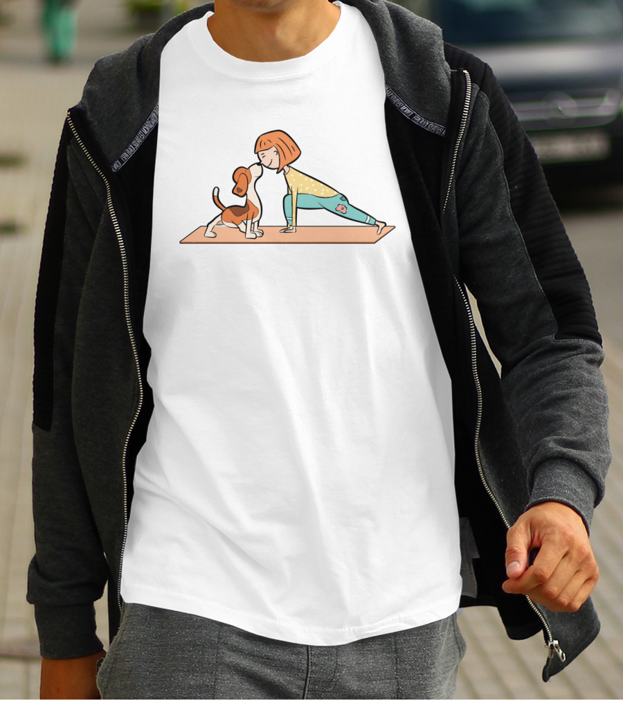 Cartoon Beagle And Girl Performing Yoga Pose On Mat T-Shirt