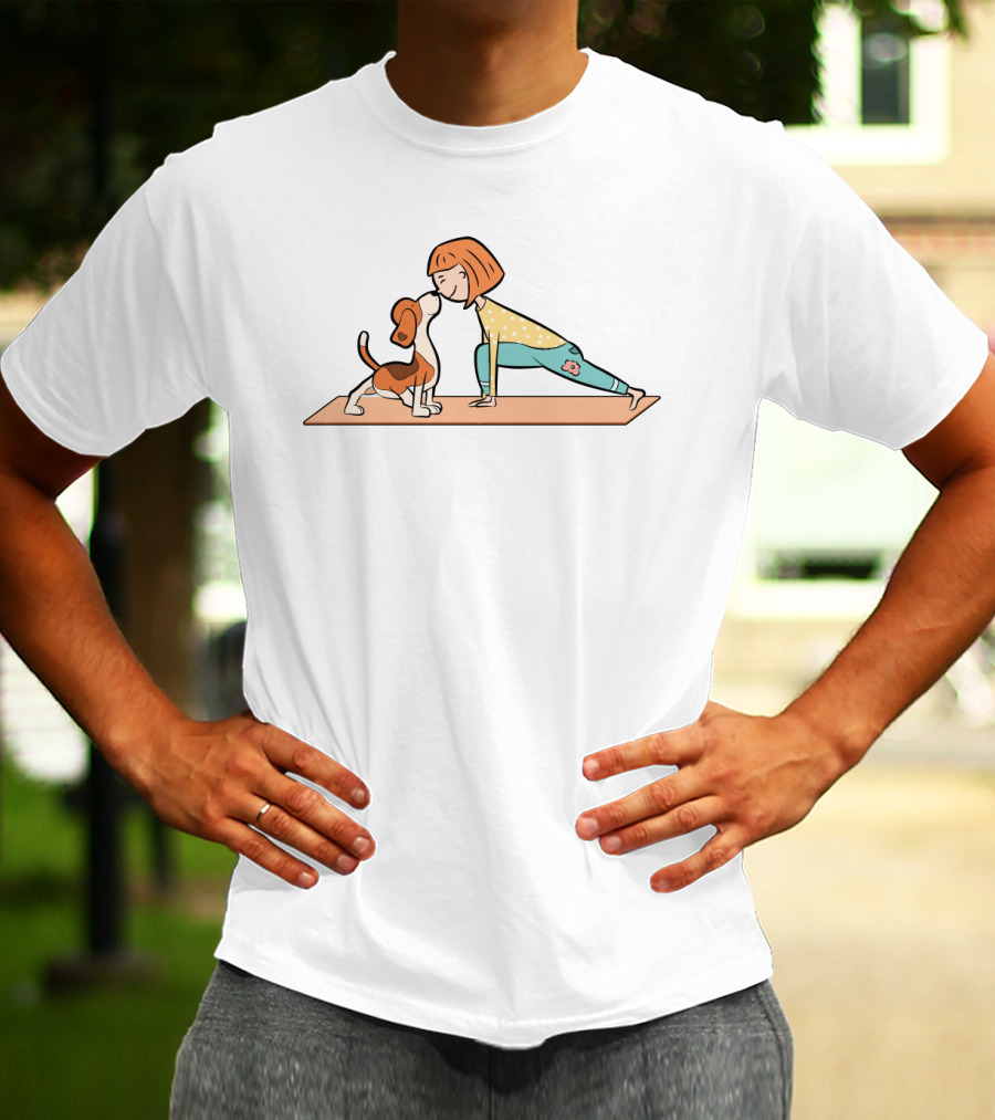 Cartoon Beagle And Girl Performing Yoga Pose On Mat T-Shirt