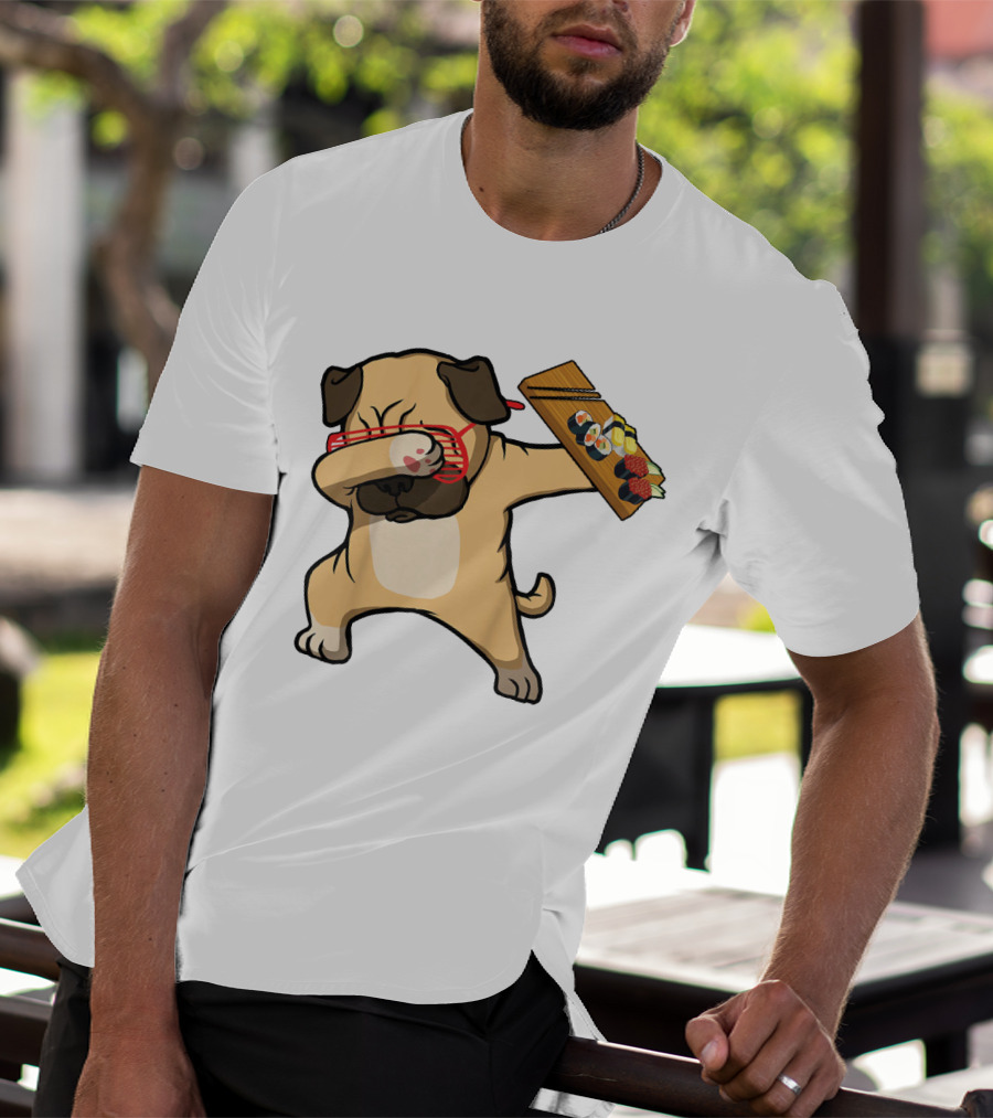Dabbing Pug With Sushi Plate And Chopstick Glasses T-Shirt