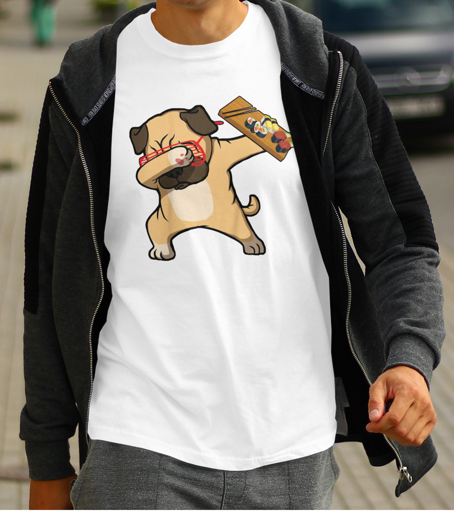 Dabbing Pug With Sushi Plate And Chopstick Glasses T-Shirt