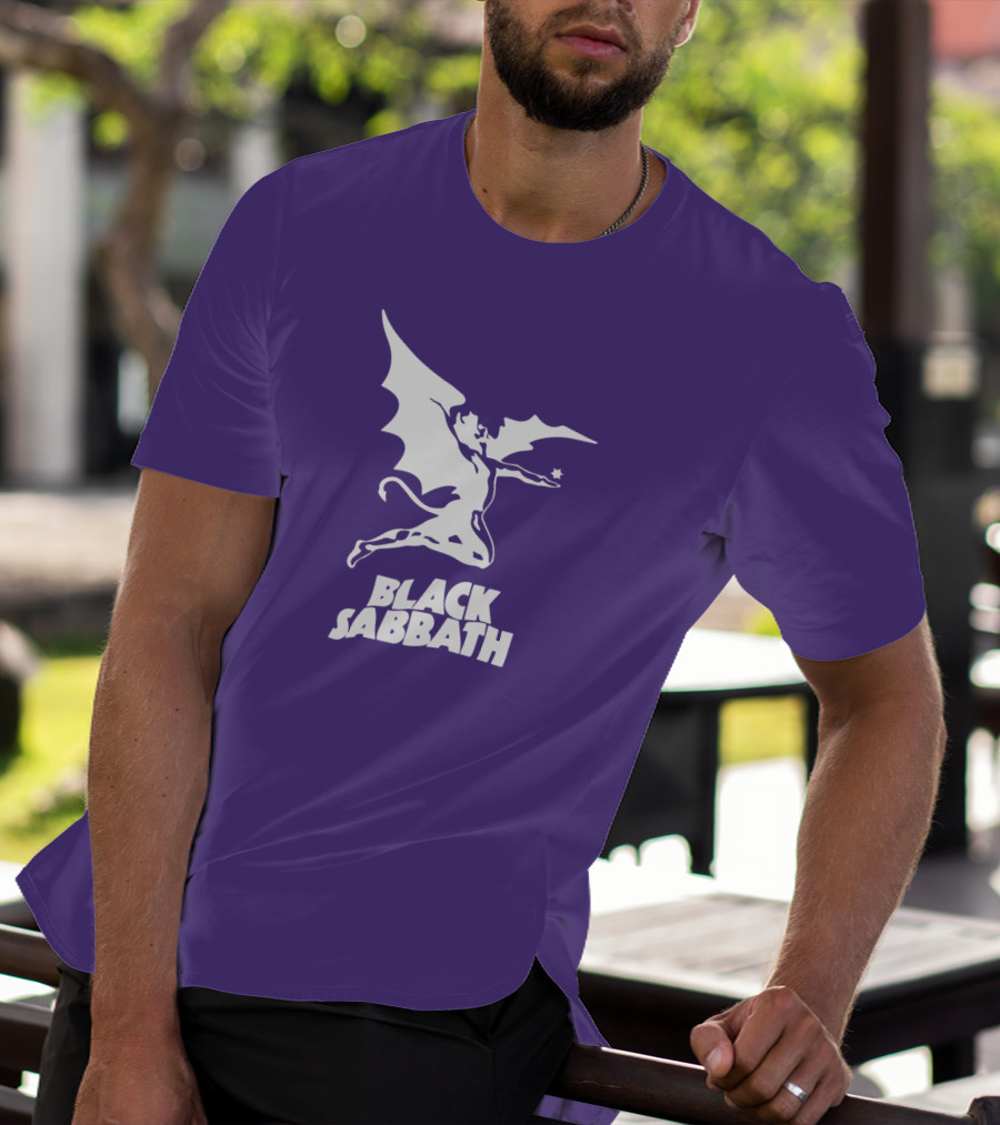 Black Sabbath Flying Devil Logo Purple Background T-Shirt