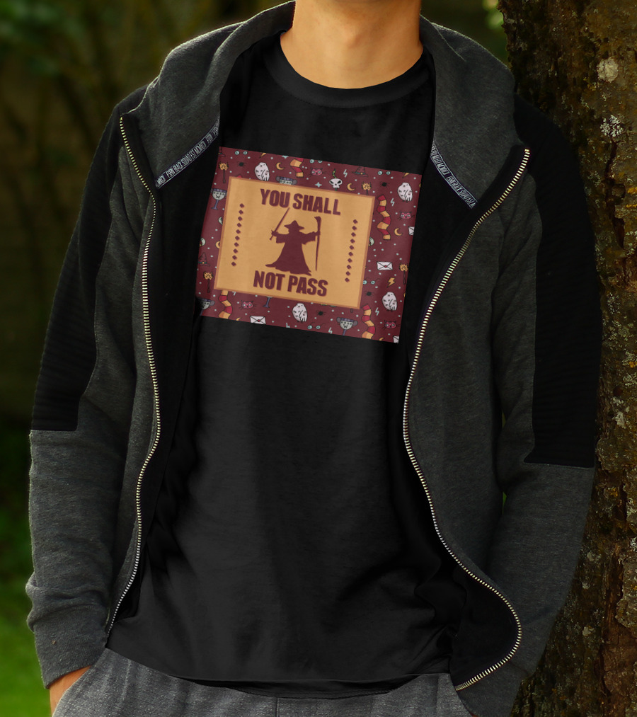 You Shall Not Pass Wizard With Wand And Staff Icon With Mystical Pattern Background T-Shirt
