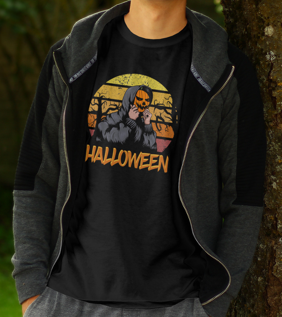 Halloween Hooded Figure With Pumpkin Mask And Sunset Stripes T-Shirt
