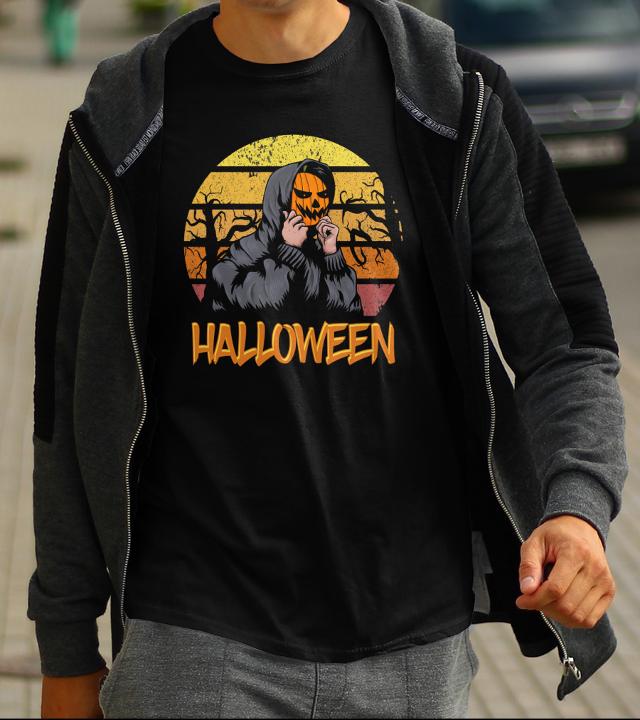 Halloween Hooded Figure With Pumpkin Mask And Sunset Stripes T-Shirt