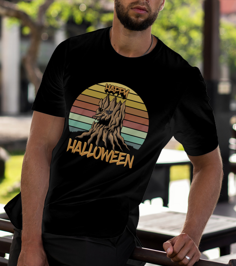 Happy Halloween Retro Wood Tree Vintage Stripes T-Shirt