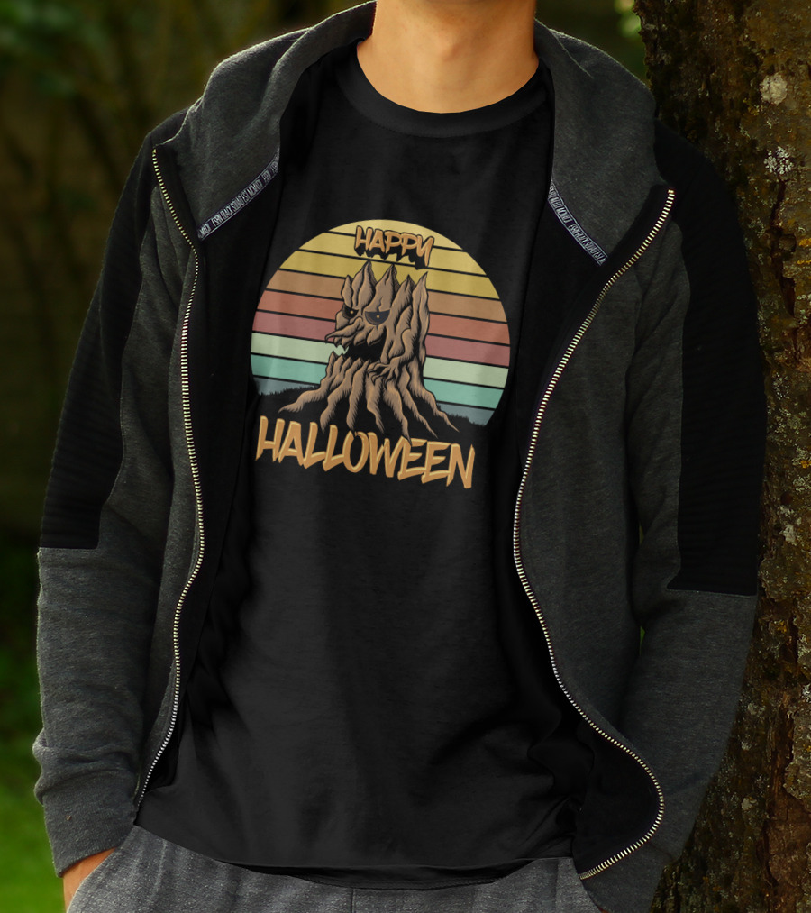 Happy Halloween Retro Wood Tree Vintage Stripes T-Shirt