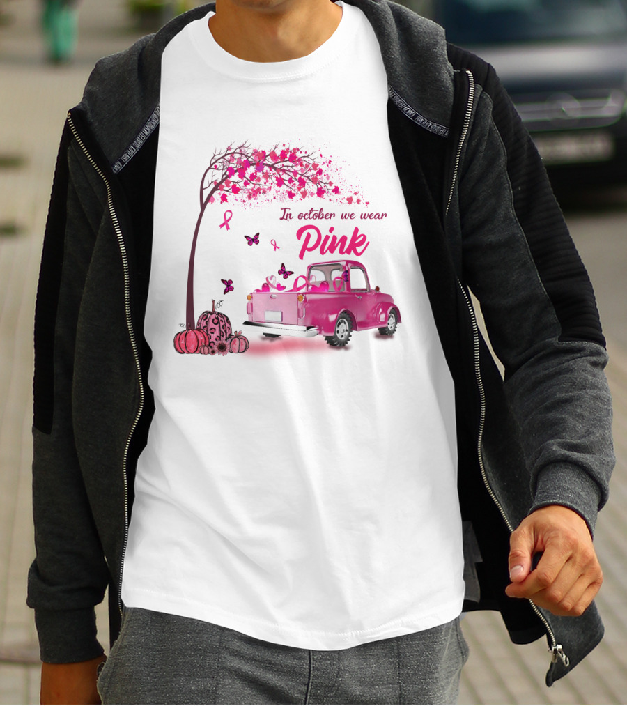 In October We Wear Pink Butterfly Tree Truck Ribbons Pumpkins T-Shirt