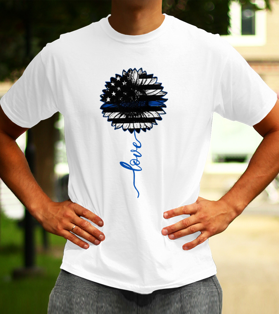 American Flag Sunflower Thin Blue Line Love T-Shirt