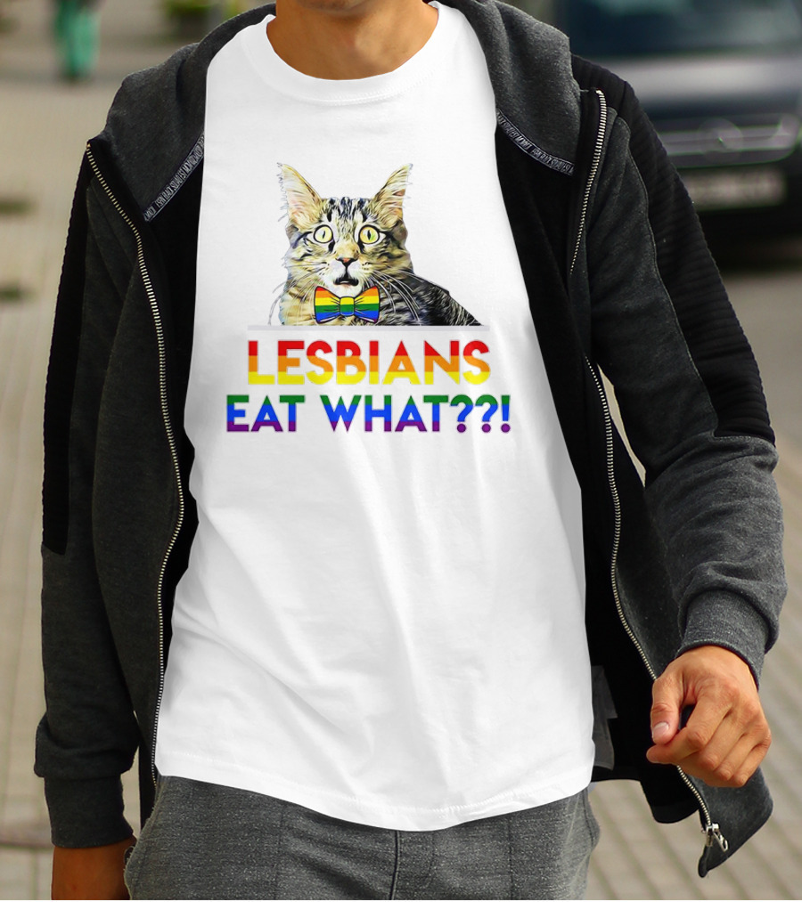 Lesbians Eat What Rainbow Cat Bowtie T-Shirt