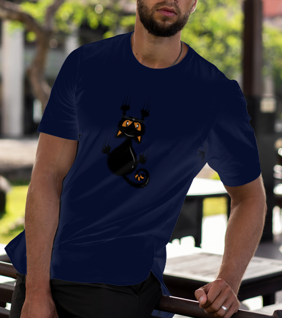 Cartoon Cute Halloween Black Cat With Orange Eyes And Scratching Claws T-Shirt