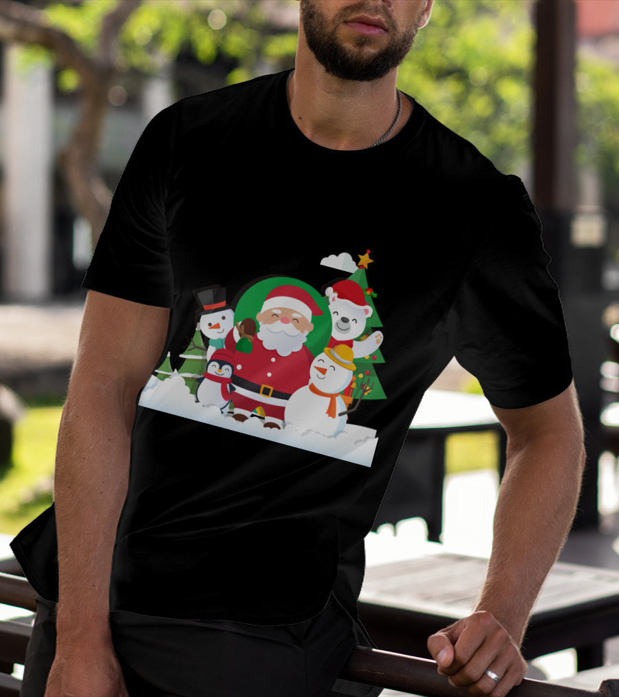 Christmas With Santa Claus Snowman Penguin Polar Bear Festive Scene T-Shirt