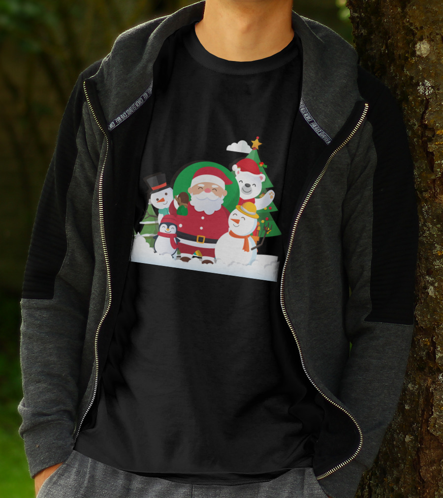 Christmas With Santa Claus Snowman Penguin Polar Bear Festive Scene T-Shirt