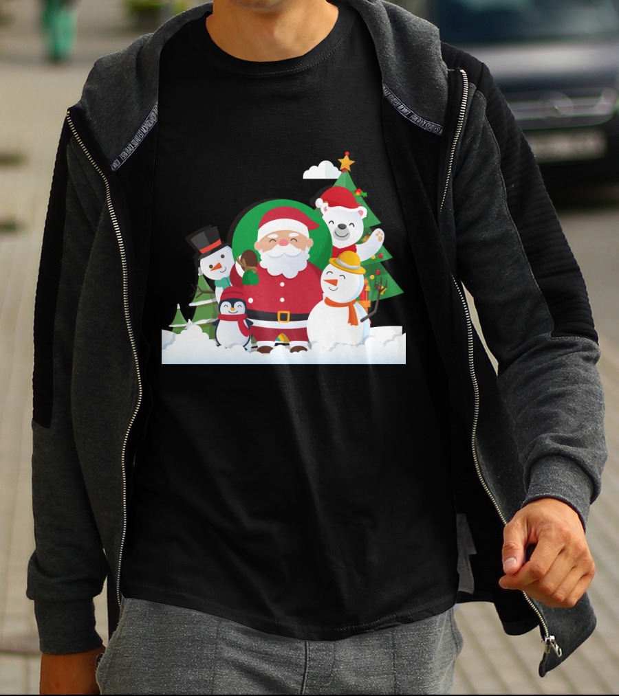Christmas With Santa Claus Snowman Penguin Polar Bear Festive Scene T-Shirt