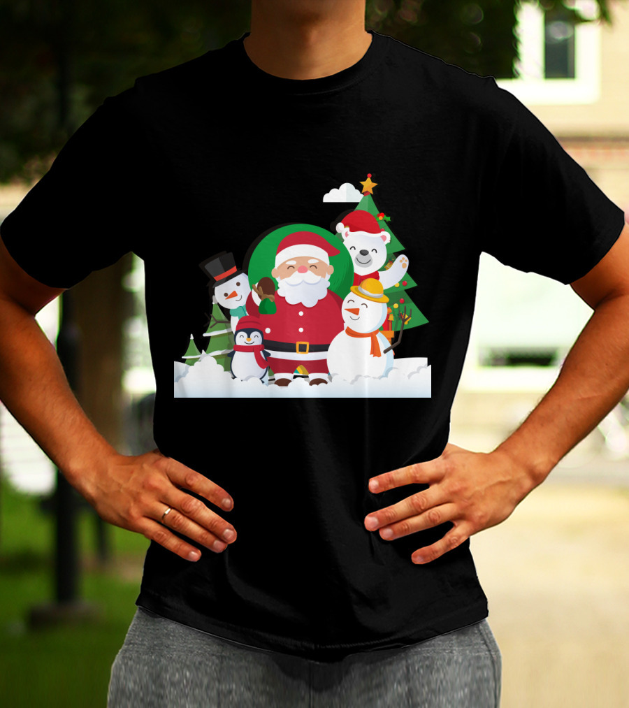Christmas With Santa Claus Snowman Penguin Polar Bear Festive Scene T-Shirt