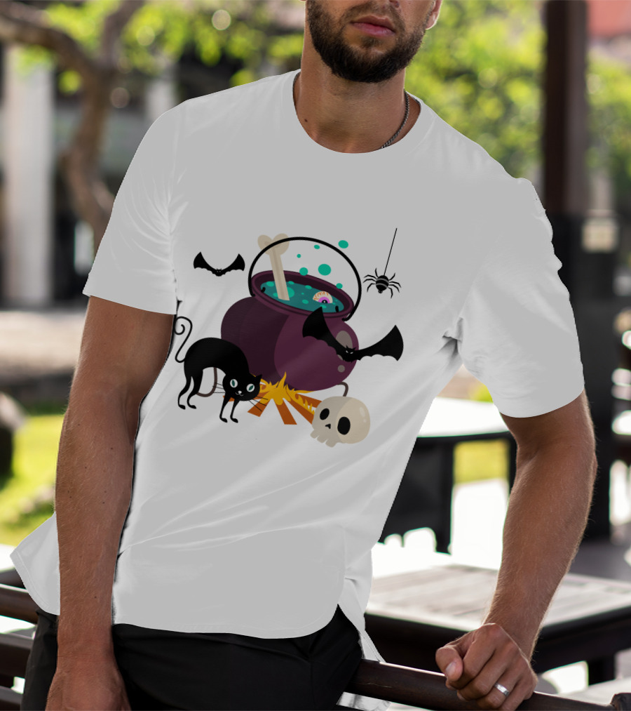 Halloween Black Cat Bat Spider Skull And Magic Potion Cauldron T-Shirt