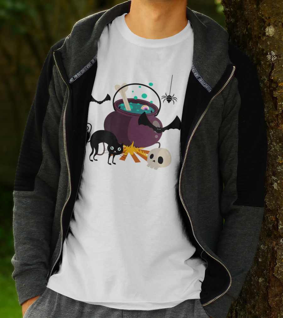 Halloween Black Cat Bat Spider Skull And Magic Potion Cauldron T-Shirt