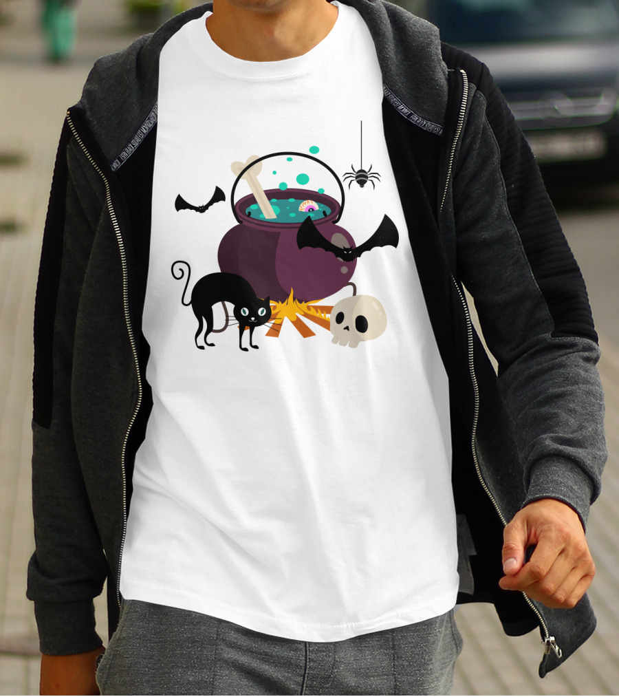 Halloween Black Cat Bat Spider Skull And Magic Potion Cauldron T-Shirt