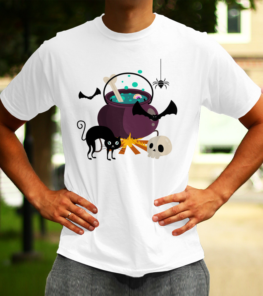 Halloween Black Cat Bat Spider Skull And Magic Potion Cauldron T-Shirt