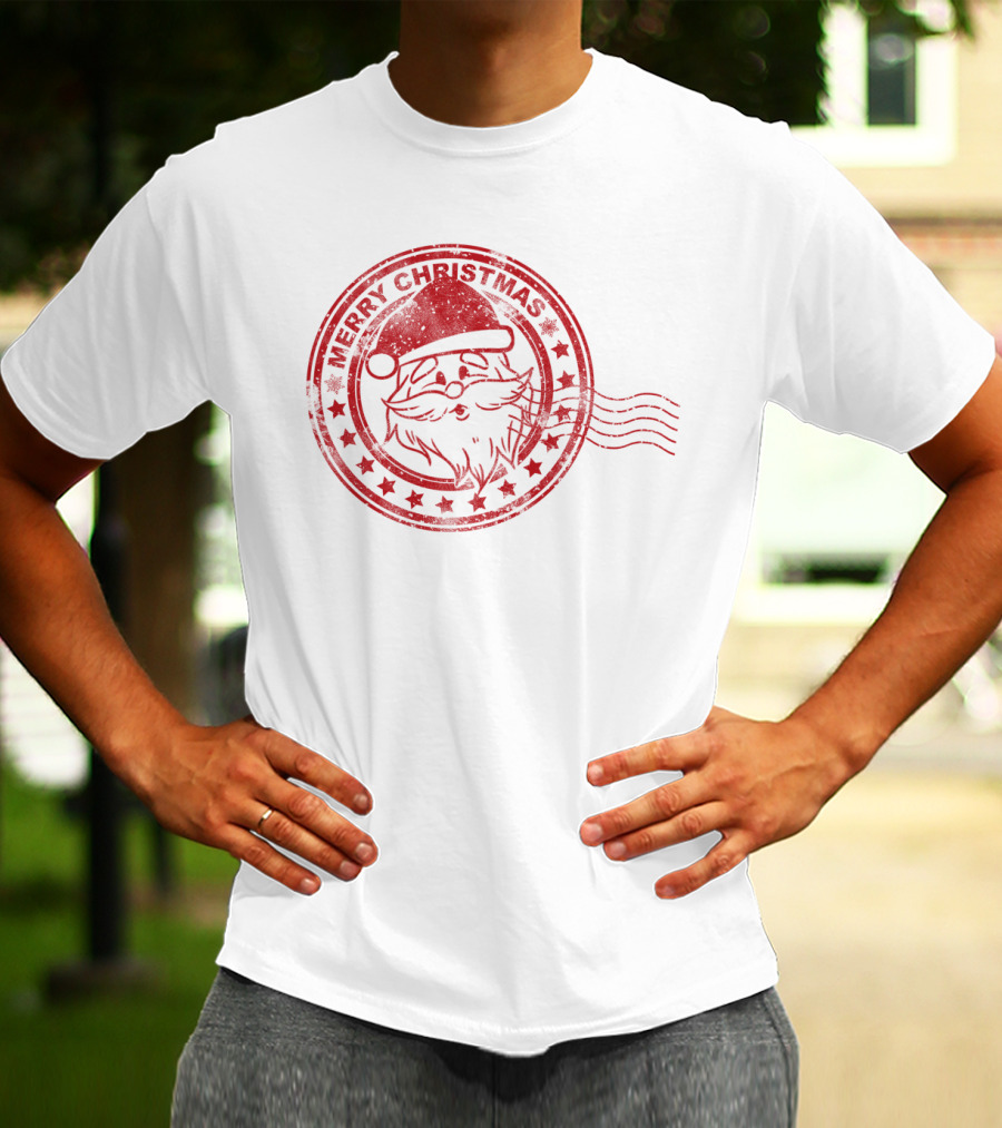 Merry Christmas Santa Claus Postmark Seal With Stars And Hat T-Shirt