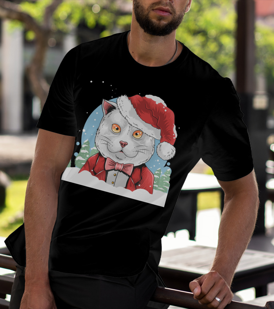 Santa Claus Cat In Winter Wonderland Christmas Scene T-Shirt