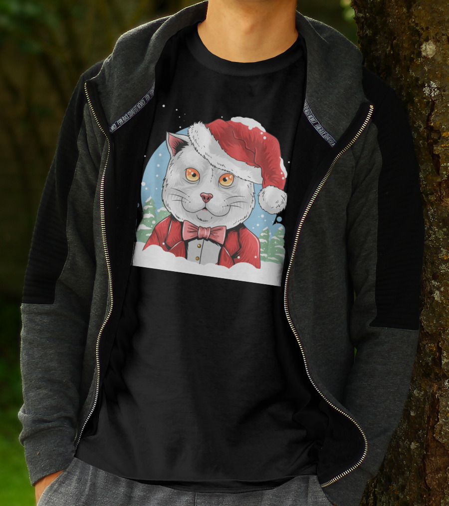 Santa Claus Cat In Winter Wonderland Christmas Scene T-Shirt