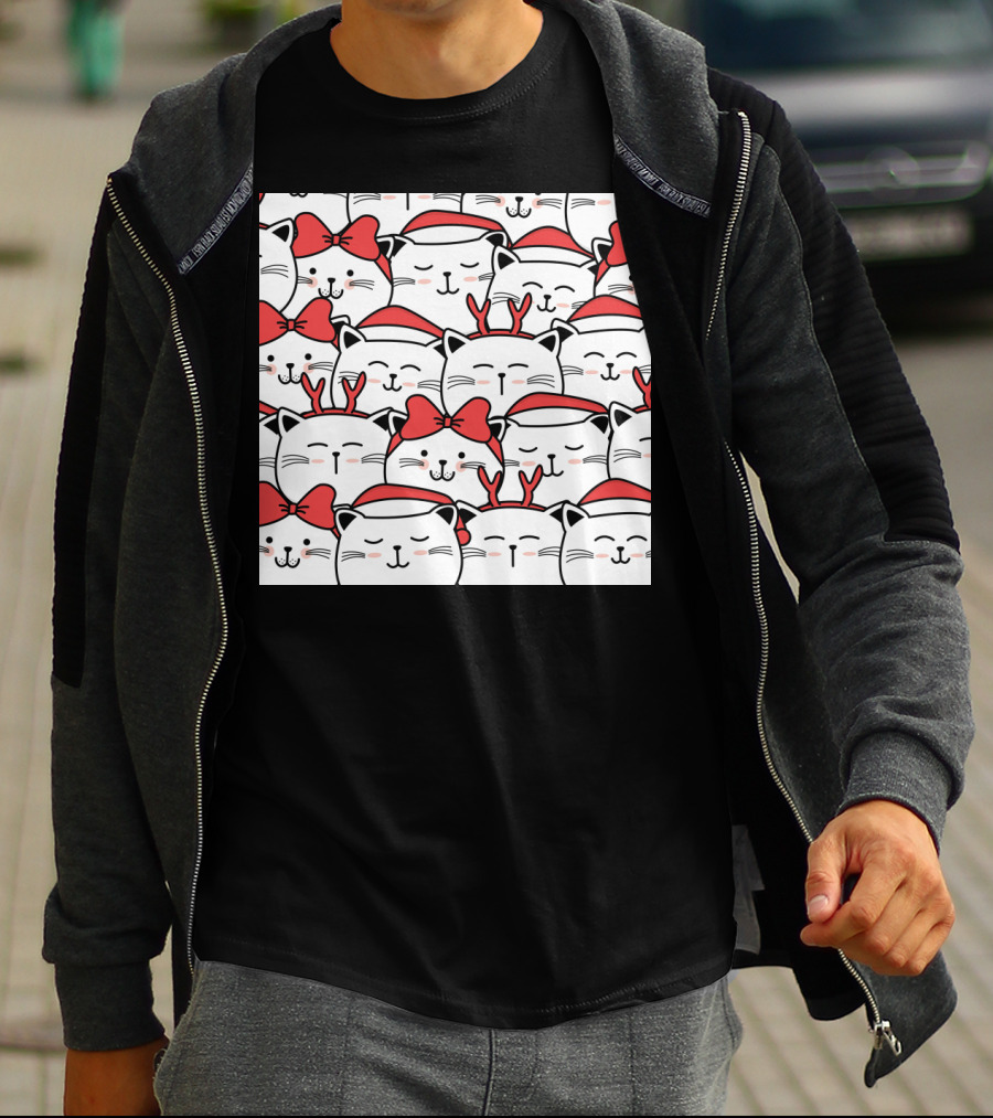 Cute Cat Christmas Santa Hats And Red Bows T-Shirt