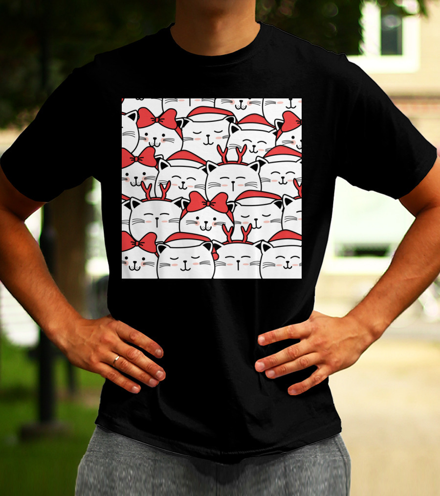 Cute Cat Christmas Santa Hats And Red Bows T-Shirt