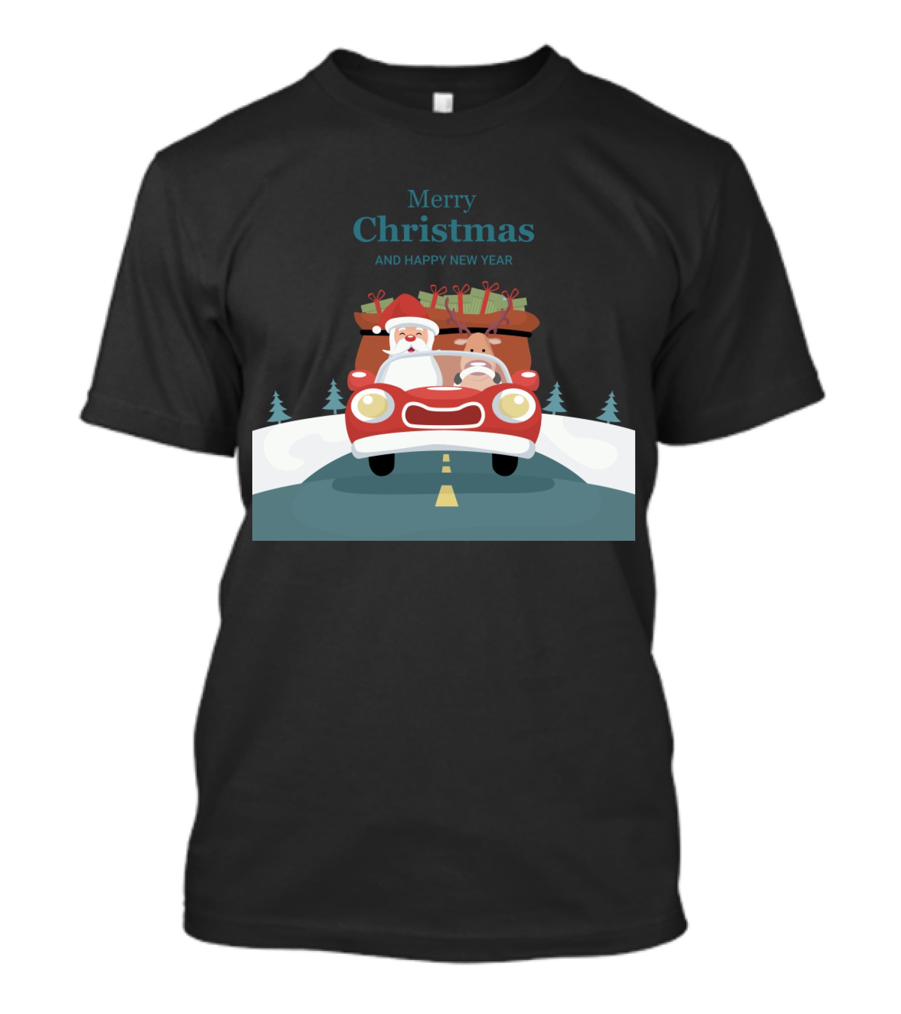 Merry Christmas And Happy New Year Reindeer Drives Car With Santa Claus T-Shirt
