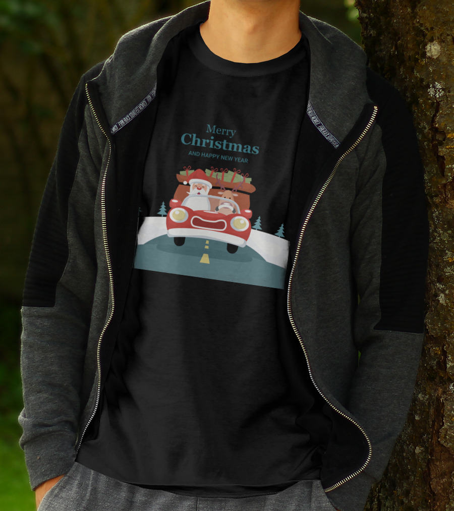 Merry Christmas And Happy New Year Reindeer Drives Car With Santa Claus T-Shirt