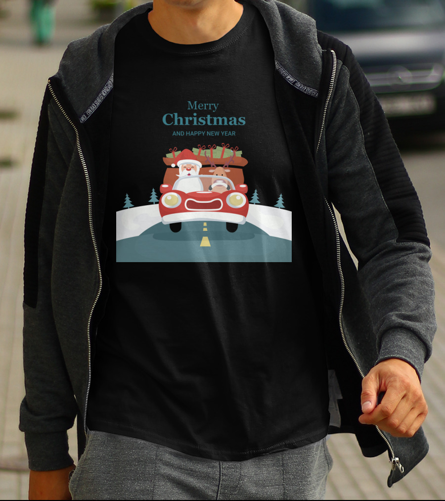 Merry Christmas And Happy New Year Reindeer Drives Car With Santa Claus T-Shirt