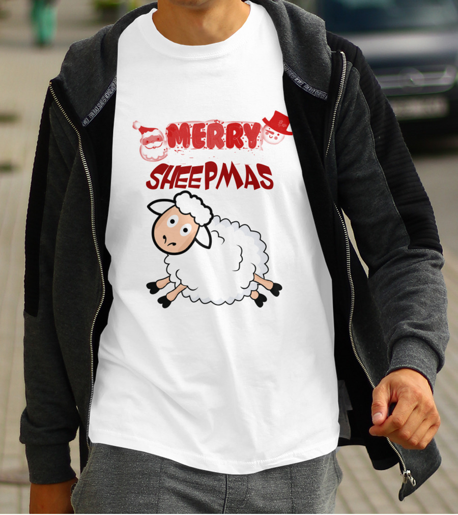 Merry Sheepmas Funny Christmas Santa Sheep With Snowman Hat T-Shirt