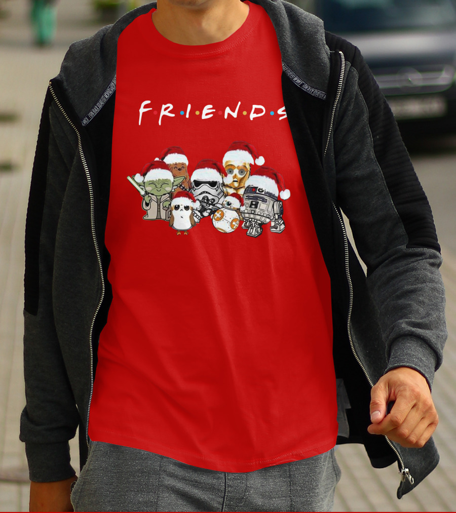 Star Wars Characters Yoda Chewbacca Porgs Stormtrooper R2 D2 C 3PO BB 8 Friends TV Show Christmas Santa Hats T-Shirt