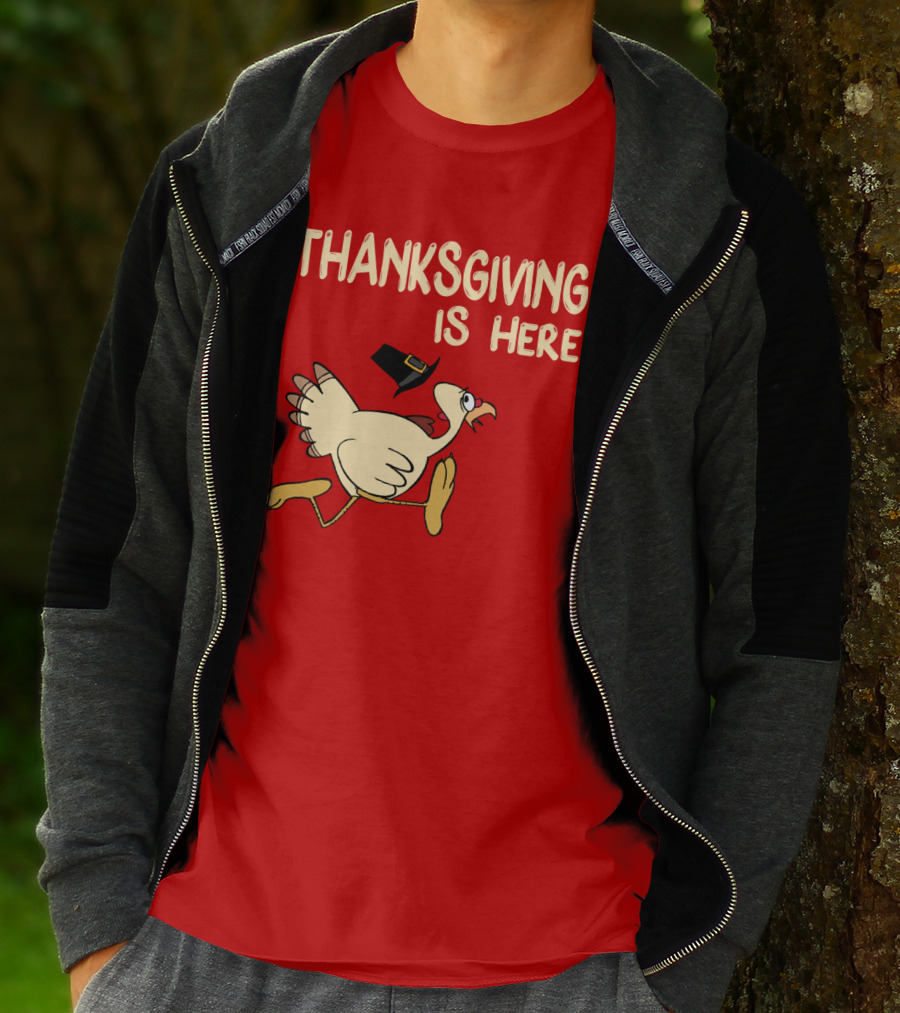 Thanksgiving Is Here Turkey With Pilgrim Hat On Red T-Shirt