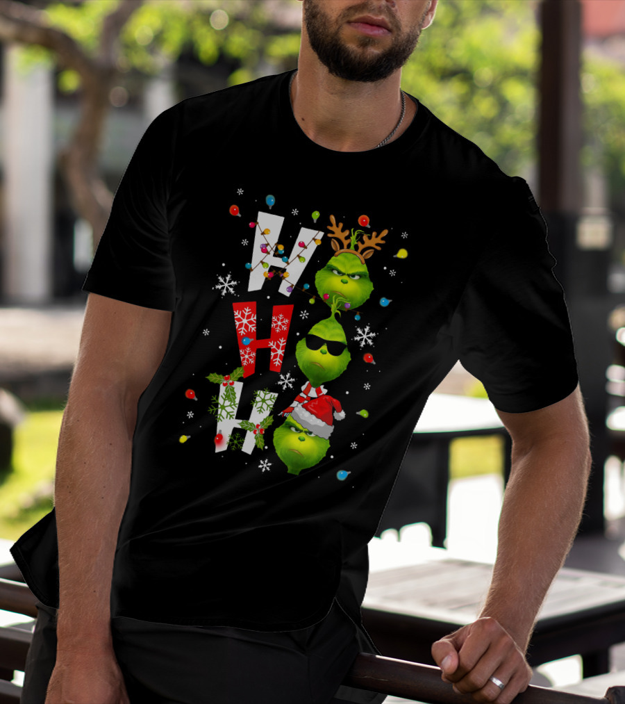 Ho Ho Ho Grinch Christmas Lights Antlers Hat Sunglasses Snowflakes T-Shirt
