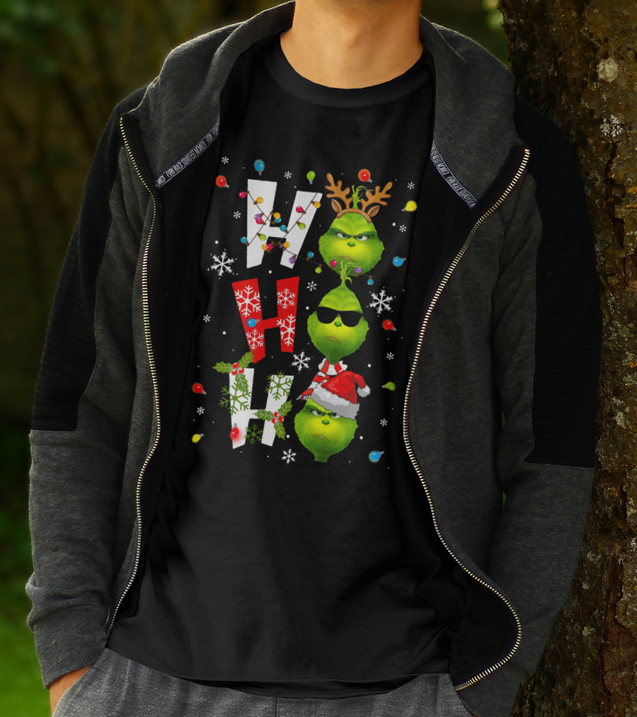 Ho Ho Ho Grinch Christmas Lights Antlers Hat Sunglasses Snowflakes T-Shirt