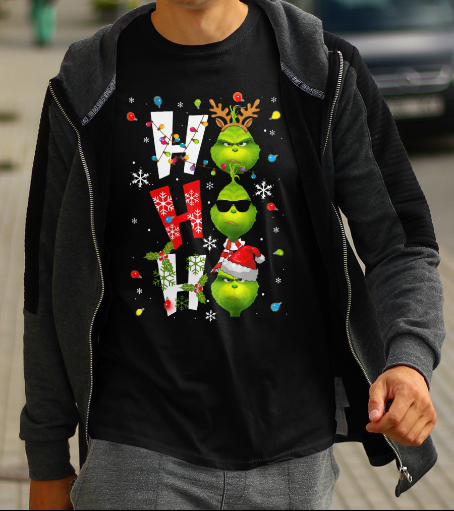 Ho Ho Ho Grinch Christmas Lights Antlers Hat Sunglasses Snowflakes T-Shirt